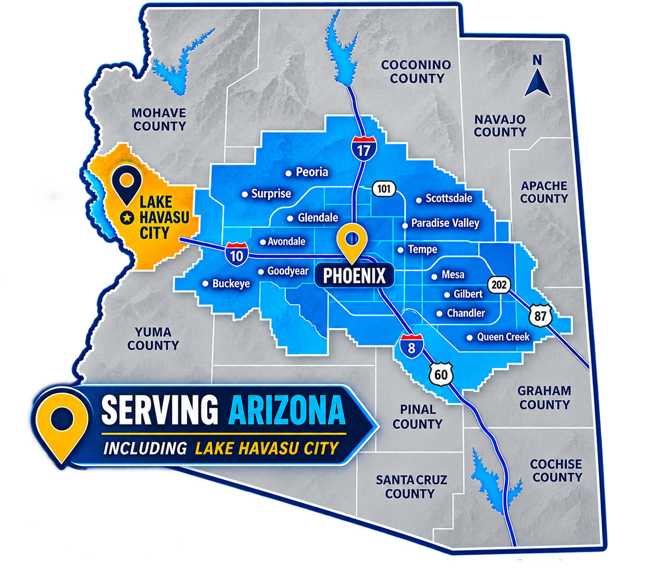 Service area map of Arizona highlighting Lake Havasu City and the Phoenix metro served by Burro Pools